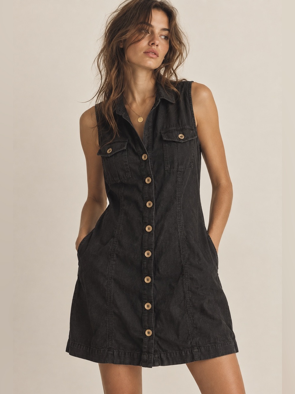 Banana Republic Black Linen Blend Sleeveless Utility Shirt Dress Size 4